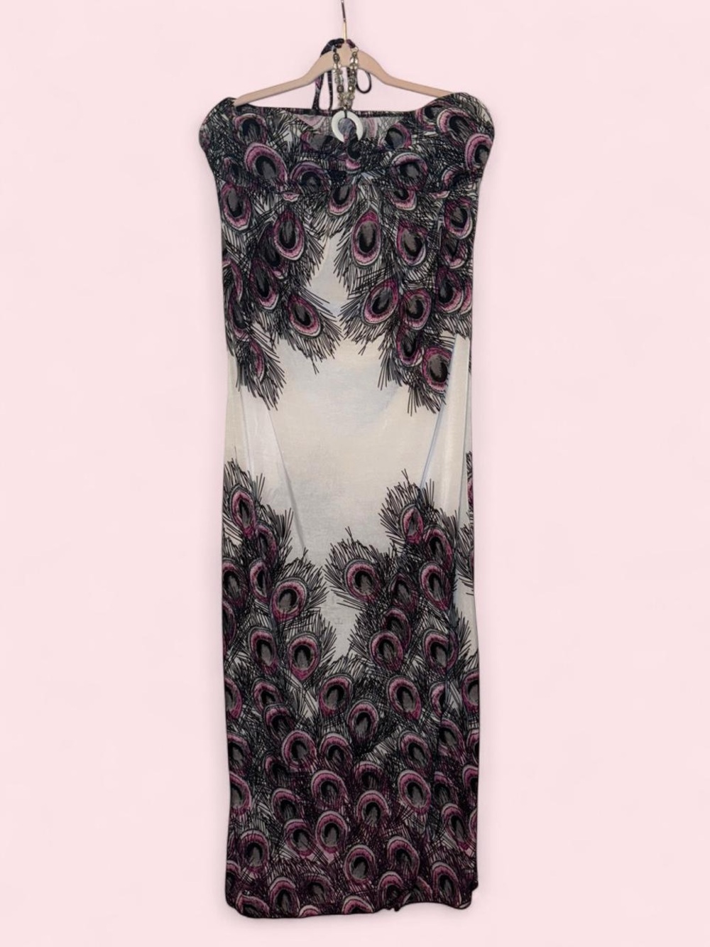 Y2K Strapless Halter Maxi Dress with Peacock Feather Print - Pink & Black